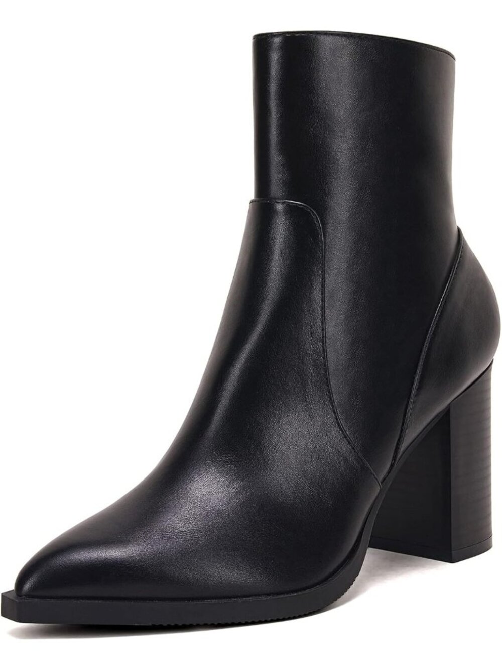 Women's Pointed Toe Ankle Boots Chunky Stacked Heel Side Zipper Faux Leather